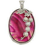 Agate Brass Pendants, with Rose Agate & Freshwater Pearl, Flat Oval, platinum color plated, stripe, cadmium free Approx 