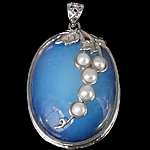 Pendentifs opale de mer, Opaline, avec perle d'eau douce cultivée & laiton, ovale plat, Placage de couleur platine Environ Vendu par PC