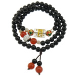 Wrist Mala, Black Agate, with Rhinestone Clay Pave Bead & Elastic Thread & Red Agate & Brass, gold color plated  & enamel & faceted & gold powder, 6mm, 8mm    Approx 20 Inch 