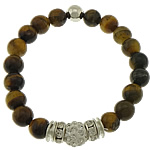 Tiger Eye Stone Bracelets, with Rhinestone Clay Pave Bead & Elastic Thread & Copper Coated Plastic & Brass, silver color plated, beaded bracelet & with 55 pcs rhinestone, 8mm, 8mm 10mm Approx 7 Inch 
