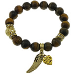 Tiger Eye Stone Bracelets, with iron rhinestone spacer & Elastic Thread & Brass & Zinc Alloy, word made with love, antique gold color plated, charm bracelet & blacken, 11mm 10mm Approx 8 Inch 
