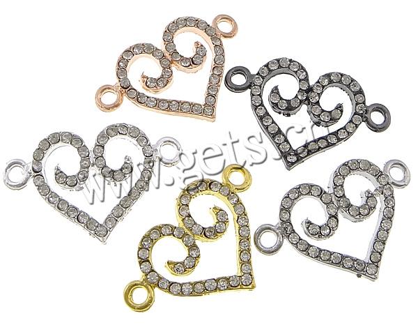 Rhinestone Zinc Alloy Connector, Heart, plated, Customized & with rhinestone & 1/1 loop, more colors for choice, cadmium free, 28x18x3mm, Hole:Approx 2.5mm, Sold By PC