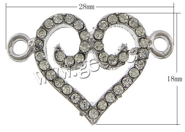 Rhinestone Zinc Alloy Connector, Heart, plated, Customized & with rhinestone & 1/1 loop, more colors for choice, cadmium free, 28x18x3mm, Hole:Approx 2.5mm, Sold By PC