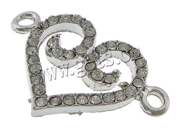 Rheinkiesel Zinklegierung Verbinder, Herz, plattiert, Kundenindividuell & mit Strass & 1/1-Schleife, keine, frei von Kadmium, 28x18x3mm, Bohrung:ca. 2.5mm, verkauft von PC