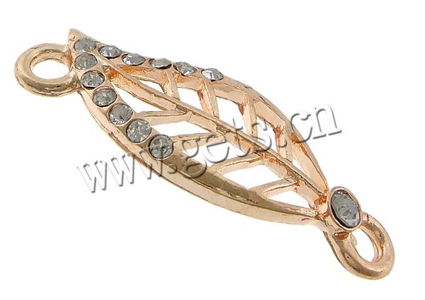 Rhinestone Zinc Alloy Connector, Leaf, plated, Customized & with rhinestone & 1/1 loop, more colors for choice, cadmium free, 35x12x2.5mm, Hole:Approx 3mm, Sold By PC