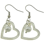 White Shell Earrings, Brass, with White Shell & Freshwater Pearl, Heart, platinum color plated, 34mm 5mm 