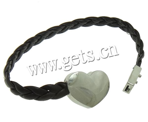 PU Leather Cord Bracelets, zinc alloy magnetic clasp, Heart, platinum color plated, braided, black, 21x16mm, 6mm, Length:Approx 7 Inch, Sold By Strand