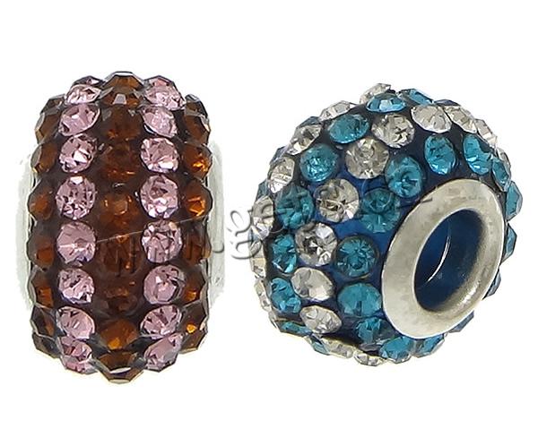 Rhinestone Brass European Beads, Rondelle, plated, brass double core without troll & with rhinestone, more colors for choice, 10x15mm, Hole:Approx 5mm, Sold By PC