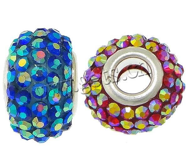 Rhinestone Brass European Beads, with Resin, Rondelle, plated, colorful plated & with rhinestone, more colors for choice, 10x15mm, Hole:Approx 5mm, Sold By PC