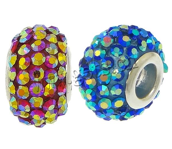 Rhinestone Brass European Beads, with Resin, Rondelle, plated, colorful plated & with rhinestone, more colors for choice, 10x15mm, Hole:Approx 5mm, Sold By PC