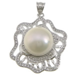 Cultured Pearl Sterling Silver Pendants, 925 Sterling Silver, with Freshwater Pearl, Flower, platinum plated, micro pave cubic zirconia Approx 