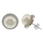 Sterling Silver Natural Pearl Stud Earring, 925 Sterling Silver, with Freshwater Pearl, Dome, plated, micro pave cubic zirconia 12mm 