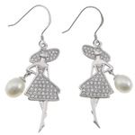 Freshwater Pearl Drop Earring, sterling silver earring hook, Girl, plated, micro pave cubic zirconia 48mm 