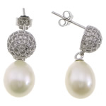 Sterling Silver Pearl Drop Earring, 925 Sterling Silver, with Freshwater Pearl, Teardrop, plated, micro pave cubic zirconia 