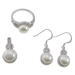 Conjuntos de joya de perla de agua dulce de plata , plata de ley 925, colgante & anillo de dedo & pendiente, con Perlas cultivadas de agua dulce, chapado en platina real, micro arcilla de zirconia cúbica, 32mm, 10x18x9mm, 10mm, 12x22x9.5mm, agujero:aproximado 2.5x4mm, tamaño:6-8, Vendido por Set
