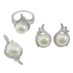 Sterling Silver Freshwater Pearl Jewelry Sets, 925 Sterling Silver, pendant & finger ring & earring, with Freshwater Pearl, platinum plated, micro pave cubic zirconia 0.8mm Approx US Ring 