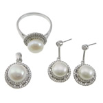 Sterling Silver Freshwater Pearl Jewelry Sets, 925 Sterling Silver, pendant & finger ring & earring, with Freshwater Pearl, platinum plated, micro pave cubic zirconia 24mm, 0.8mm, 13mm Approx US Ring 