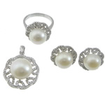 Conjuntos de joya de perla de agua dulce de plata , plata de ley 925, colgante & anillo de dedo & pendiente, con Perlas cultivadas de agua dulce, chapado en platina real, micro arcilla de zirconia cúbica, 16mm, 0.8mm, 16mm, 21x24x12mm, agujero:aproximado 3x4mm, tamaño:6-8, Vendido por Set