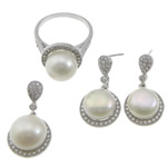 Sterling Silver Freshwater Pearl Jewelry Sets, 925 Sterling Silver, pendant & finger ring & earring, with Freshwater Pearl, platinum plated, micro pave cubic zirconia 0.8mm, 14mm Approx US Ring 