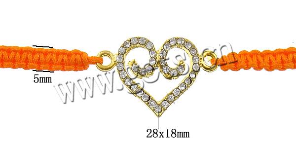 Bracelets de Woven Ball En alliage de zinc, avec corde en nylon & laiton, coeur, Placage, Personnalisé & avec strass, plus de couleurs à choisir, 28x18x3mm, 4mm, 5mm, Longueur:6-10 pouce, Vendu par brin