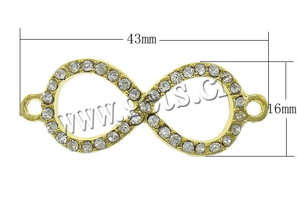 Rhinestone Zinc Alloy Connector, Infinity, Customized & with rhinestone & 1/1 loop, cadmium free, 43x16x2.5mm, Hole:Approx 2mm, Sold By PC