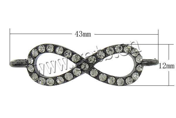 Rhinestone Zinc Alloy Connector, Infinity, plated, Customized & with rhinestone & 1/1 loop, more colors for choice, cadmium free, 43x12x2mm, Hole:Approx 2mm, Sold By PC