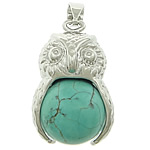 Natural Turquoise Pendants, with Brass, Owl, platinum color plated, green, nickel, lead & cadmium free Approx 