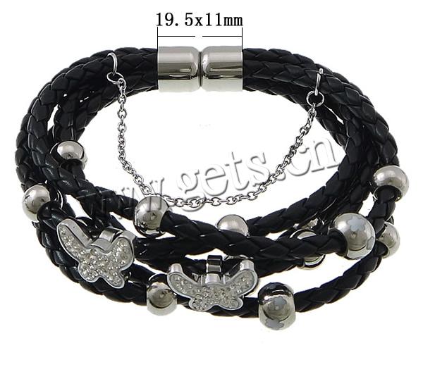 bracelet de cordon en PU , cuir PU, avec argile & Acier inoxydable 316, with rivet stud & longueur différente pour le choix & avec 70 pcs strass & 5 brins, plus de couleurs à choisir, sans plomb et cadmium, 16x12x9mm, 7x9mm, 6x8mm, 3x2x0.6mm, 19.5x11mm, Vendu par brin