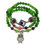Agate Beads Multilayer Bracelets, with Elastic Thread & Non Magnetic Hematite & Green Agate & Brass & Zinc Alloy, antique silver color plated, charm bracelet & , 6.5mm, 8.5mm 18mm Approx 20 Inch 