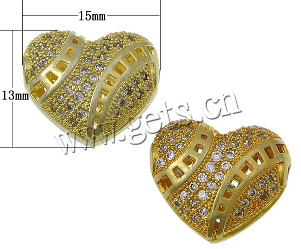 Cubic Zirconia Micro Pave Brass Beads, Heart, plated, micro pave cubic zirconia & hollow, more colors for choice, 15x13x7.5mm, Hole:Approx 1.8mm, Sold By PC