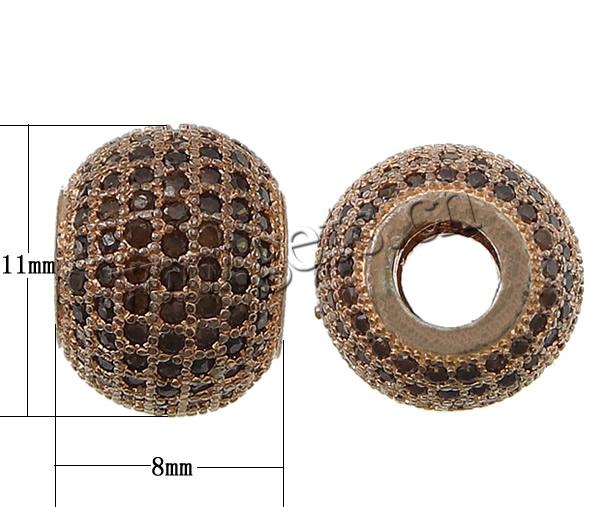 Cubic Zirconia Micro Pave Brass Beads, Drum, plated, micro pave cubic zirconia, more colors for choice, 8x11mm, Hole:Approx 4mm, Sold By PC