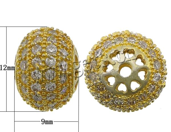 Cubic Zirconia Micro Pave Brass Beads, Rondelle, plated, micro pave cubic zirconia & hollow, more colors for choice, 9x12mm, Hole:Approx 2mm, Sold By PC