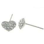 925 Sterling Silver Stud Earring, with Rhinestone Clay Pave, Heart, with 58 pcs rhinestone & with Czech rhinestone 0.8mm 