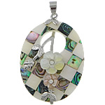 Brass Shell Pendants, with Pink Shell & White Shell & Abalone Shell, Flat Oval, platinum color plated, mosaic & with rhinestone Approx 