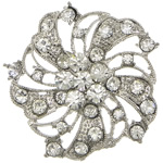 Broche de diamantes de imitación de la aleación de Zinc, Flor, chapado en color de plata, con diamantes de imitación, libre de plomo & cadmio, 49x49x14mm, Vendido por UD
