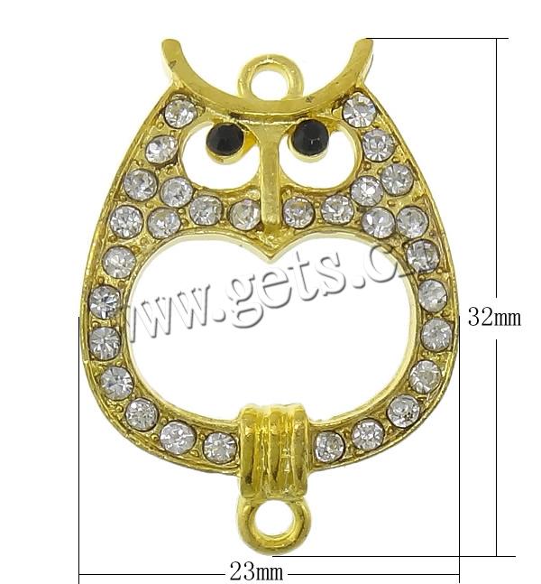 Rhinestone Zinc Alloy Connector, Owl, plated, Customized & with rhinestone & 1/1 loop, more colors for choice, cadmium free, 23x32x3mm, Hole:Approx 2mm, Sold By PC