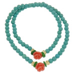 Bracelet à turquoises synthétique, turquoise synthétique, avec aventurine vert & corail naturel & cristal, fleur, 2 fils, bleu Environ 12.5 pouce, Vendu par brin