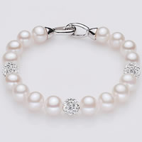 Bracelets perles en strass, perle d'eau douce cultivée, avec strass de résine, laiton fermoir menottes, Rond, naturel, blanc, 8-9mm Environ 7.5 pouce, Vendu par brin