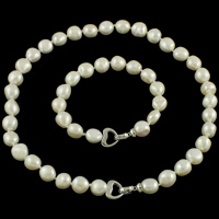 Freshwater Pearl Jewelry Set, bracelet & necklace, brass foldover clasp, Baroque, natural, white, 11-12mm Approx 7 Inch, Approx 18.5 Inch 
