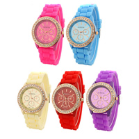Bracelets de montre pour femmes, silicone, avec alliage de zinc, Plaqué de couleur d'or rose, avec strass, couleurs mélangées, 38mm Environ 9.6 pouce Vendu par lot