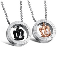 Couple Stainless Steel Necklace, 316L Stainless Steel, Flat Round, plated, for couple & with Czech rhinestone & two tone, 22mm, 21mm Approx 21.5 Inch 