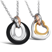Couple Stainless Steel Necklace, 316L Stainless Steel, Heart, plated, for couple & with Czech rhinestone  .5 Inch 