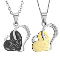 Couple Stainless Steel Necklace, 316L Stainless Steel, Heart, plated, for couple & with Czech rhinestone & two tone .5 Inch 