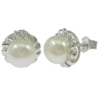 Freshwater Pearl Stud Earring, sterling silver post pin, Flower, plated 