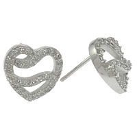 Cubic Zirconia Micro Pave Sterling Silver Earring, 925 Sterling Silver, Heart, plated, micro pave cubic zirconia 0.8mm 
