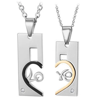 316L Stainless Steel Couple Necklace, Rectangle, plated, for couple & with Czech rhinestone & two tone  Approx 17 Inch, Approx 19.5 Inch 