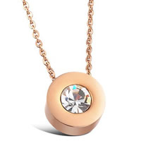 Stainless Steel Necklace, Flat Round, rose gold color plated, with Czech rhinestone Approx 17.5 Inch 