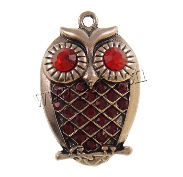 Zinc Alloy Animal Pendants, Owl, plated, Customized & with rhinestone, more colors for choice, nickel, lead & cadmium free, 27.5x41x6mm, Hole:Approx 2mm, Sold By PC