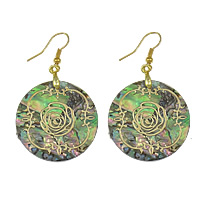 Abalone Shell Earring, with Brass, Flat Round, gold color plated, with flower pattern & gold accent 53mm 