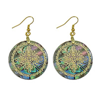 Abalone Shell Earring, with Brass, Flat Round, gold color plated, with flower pattern & gold accent 53mm 
